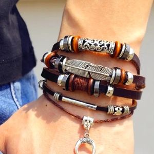 Men's/Unisex multilayer feather leather ornate bracelet